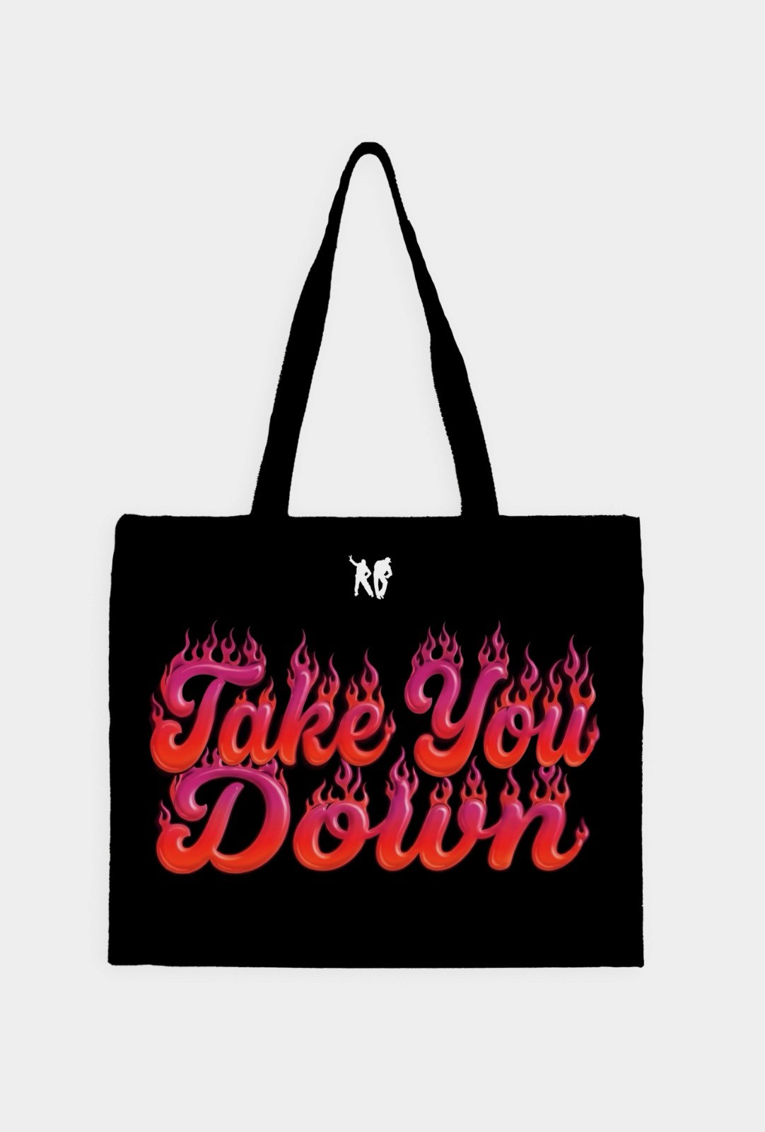 The official 'Take You Down' tour tote — black tote bag with airbrushed flame script and the R&B mark